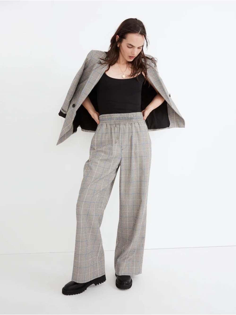 Carley Wide Leg Plaid Pull-On Pants - Gray Plaid